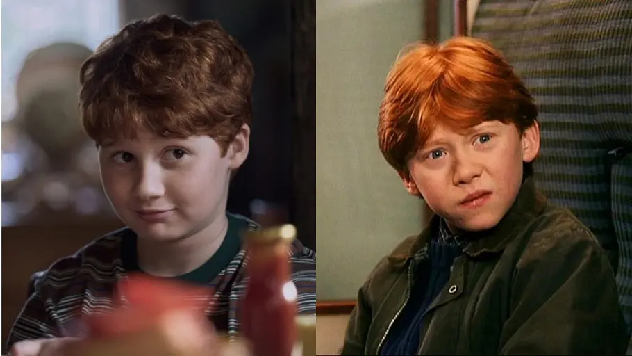 „Harry Potter“ Zwei Rons nebeneinander: Links trägt ein braunhaariger Junge ein gestreiftes Shirt, rechts ein rothaariger eine dunkle Jacke.