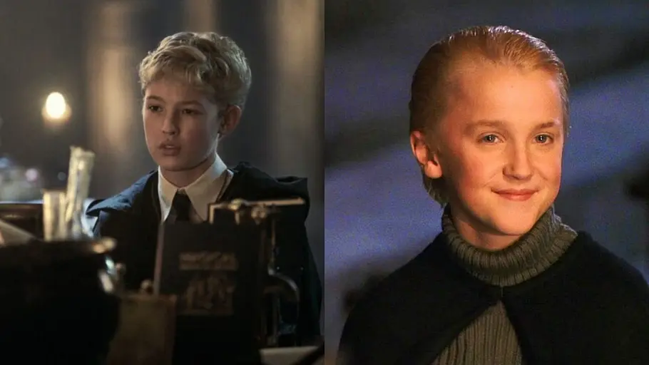 „Harry Potter“ Zwei Dracos nebeneinander: links mit kurzem blondem Haar, Hemd und Krawatte, rechts lächelnd mit blondem Haar und Rollkragenpullover.