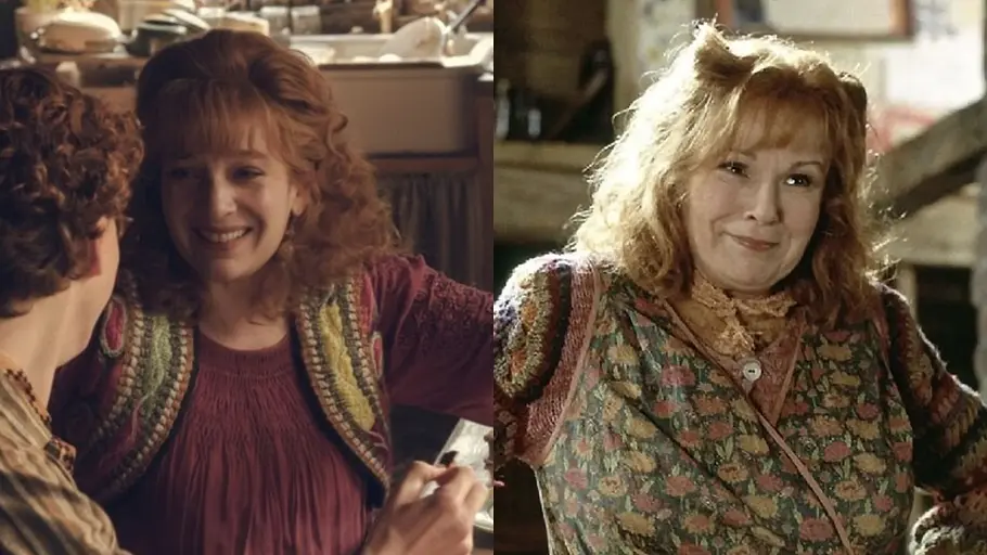 „Harry Potter“ Zwei Aufnahmen einer lächelnden, rothaarigen Frau in bunter Strickkleidung. Links sitzt ihr eine Person mit Locken gegenüber.