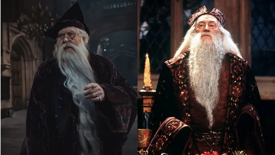 „Harry Potter“ Zwei Dumbledores mit langen weißen Bärten und Brillen tragen dunkle Gewänder und Hüte, rechts mit aufwendigen Verzierungen.