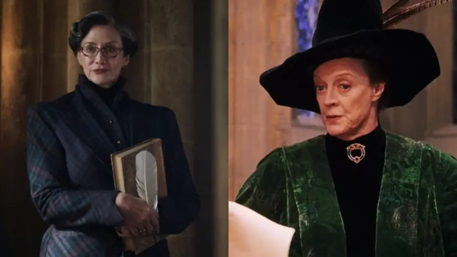 „Harry Potter“ Zwei McGonagalls nebeneinander: Links hält eine Frau mit Brille Buch und Feder, rechts trägt eine Frau einen Spitzhut und grünen Umhang.