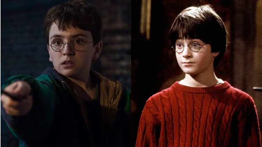 „Harry Potter“ Zwei Darstellungen von Harry Potter mit runder Brille: Links hält er einen Zauberstab, rechts trägt er einen roten Pullover.