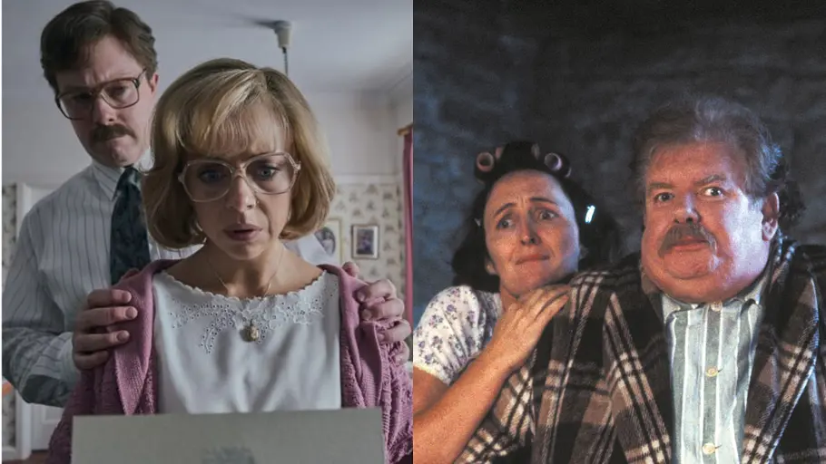 „Harry Potter“ Zwei Paare nebeneinander: Links stehen Mann und Frau mit Brillen, rechts eine Frau mit Lockenwicklern und ein Mann im Bademantel.