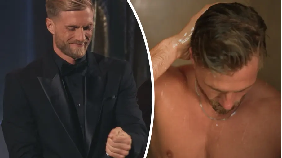 Ist Sebastian Paul Single? Collage: Sebastian Paul lässt eine Sektflasche knallen, rechts sieht man den Bachelor beim Duschen.