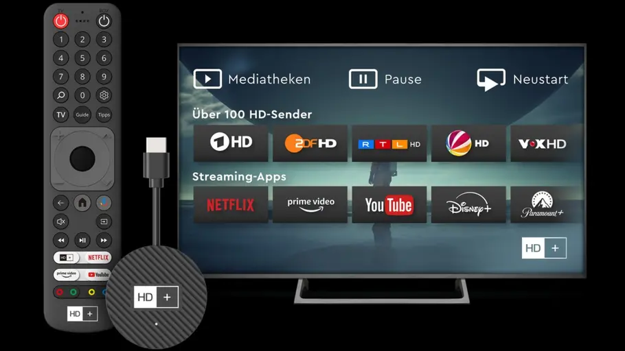 HD+ Fernbedienung und Stick sowie Content-Übersicht dargestellt auf einem Smart-TV
