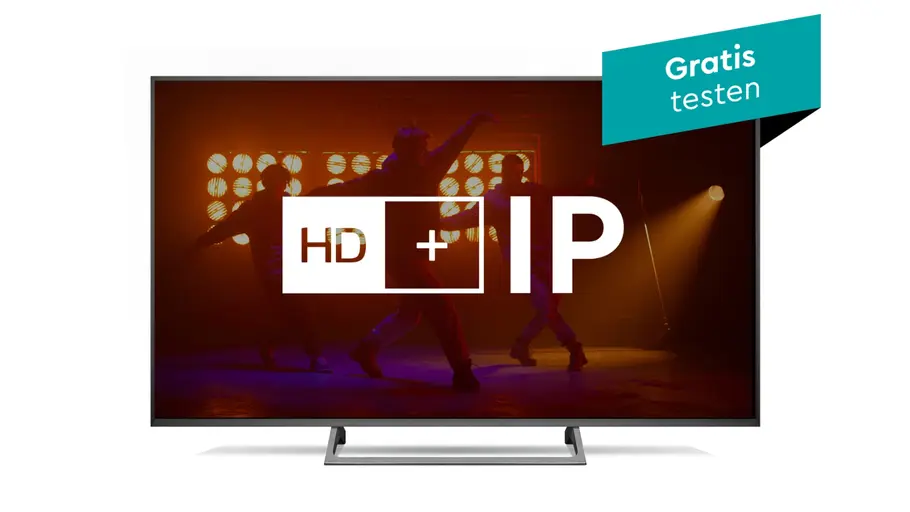 HD+ IP-Logo auf Smart-TV-Bildschirm + Banner Gratis testen