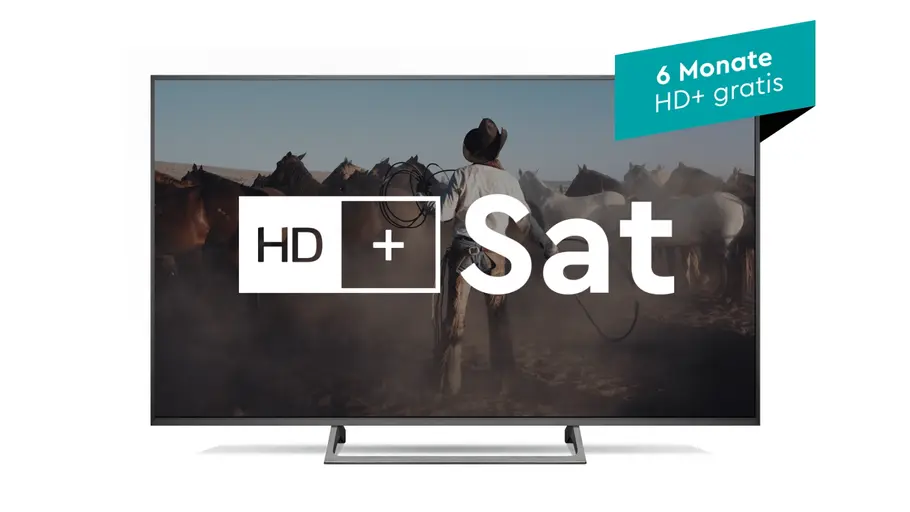 HD+ SAT Logo auf Smart-TV-Bildschirm + Banner 6 Monate HD+ gratis