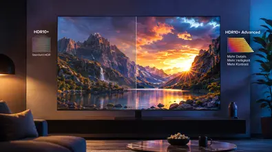 Ein großer Fernseher im Wohnzimmer zeigt ein geteiltes Bild einer Berglandschaft mit See bei Sonnenuntergang, links mit der Beschriftung „HDR10+ Standard HDR“ und rechts „HDR10+ Advanced – Mehr Details, Mehr Helligkeit, Mehr Kontrast“. Die rechte Bildhälfte wirkt deutlich heller, kontrastreicher und farbintensiver. - Foto: tvmovie / mit KI erstellt Ein großer Fernseher im Wohnzimmer zeigt ein geteiltes Bild einer Berglandschaft mit See bei Sonnenuntergang, links mit der Beschriftung „HDR10+ Standard HDR“ und rechts „HDR10+ Advanced – Mehr Details, Mehr Helligkeit, Mehr Kontrast“. Die rechte Bildhälfte wirkt deutlich heller, kontrastreicher und farbintensiver. - Foto: tvmovie / mit KI erstellt