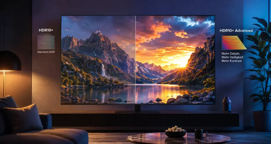 HDR 10 + Advanced Ein großer Fernseher im Wohnzimmer zeigt ein geteiltes Bild einer Berglandschaft mit See bei Sonnenuntergang, links mit der Beschriftung „HDR10+ Standard HDR“ und rechts „HDR10+ Advanced – Mehr Details, Mehr Helligkeit, Mehr Kontrast“. Die rechte Bildhälfte wirkt deutlich heller, kontrastreicher und farbintensiver.