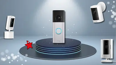 Das Hero-Produkt der Ring-Aktion bei MediaMarkt auf einem blauen Podest umgeben von weiteren Geräten der Marke - Foto: TVM / MediaMarkt
