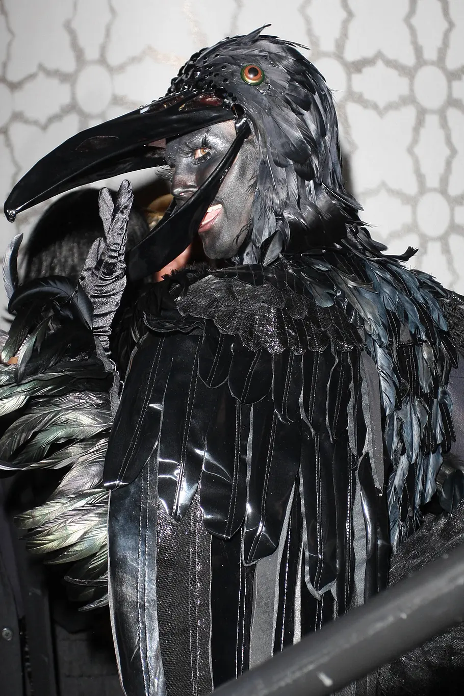 Heidi Klum zu Halloween 2009 als Rabe Heidi Klum trug zu Halloween 2008 ein schwarzes Vogelkostüm mit Federn und großem Schnabel. Ihr Gesicht und die erhobene Hand sind silbern.