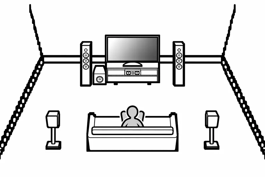 Grafik eines aufgebeuten 5.1-Soundsystems in einem Wohnzimmer mit einem Fernseher und Couch, auf der eine Person sitzt