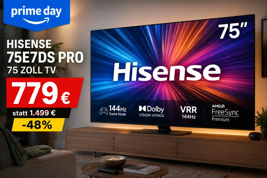 hisense-75-zoll-tv-primedaydeal-tvmovie Hisense 75 Zoll TV in einem Wohnzimmer mit Prime Day Logo und Erklärung, wie viel Rabatt es auf den TV gibt