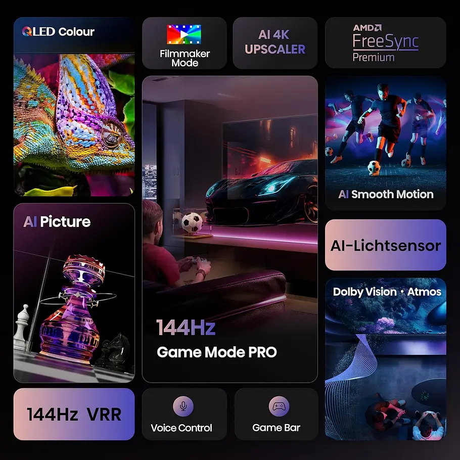 Feature-Montage des Hisense 85E7Q PRO