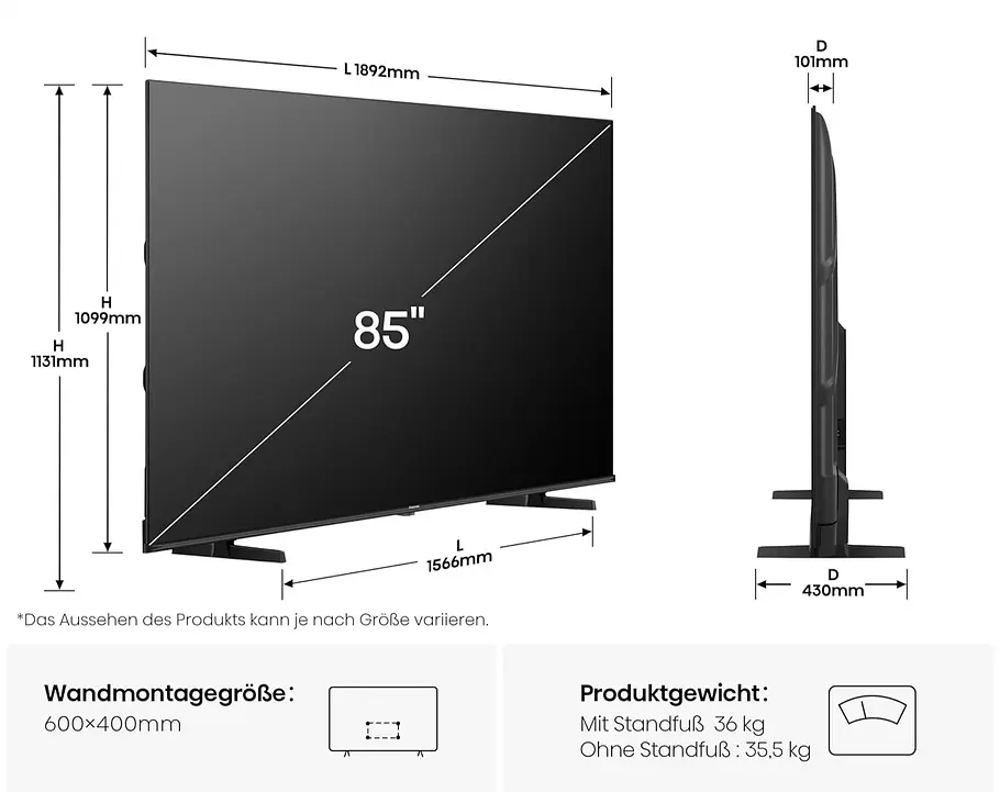 Bilddiagonale vom 85 Zoll Hisense 85E7Q QLED Fernseher