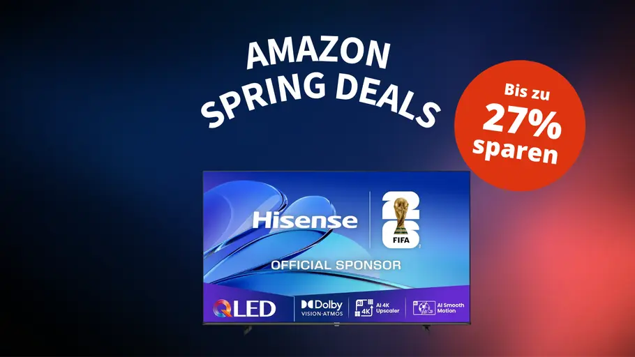 hisense-tv-amazon-fruehlingsdeals-tvmovie Hisense TV unter Amazon Spring Deals Banner mit Bis zu 27 Prozent sparen Sprechblase.