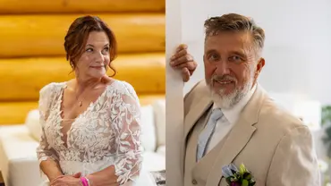 Links ist ein Bild von Maren im Hochzeitskleid. Rechts von Frank in einem beigen Anzug, er lehnt an einen Türrahmen und lacht. - Foto: Joyn/Markus Hertrich Collage: TV Movie