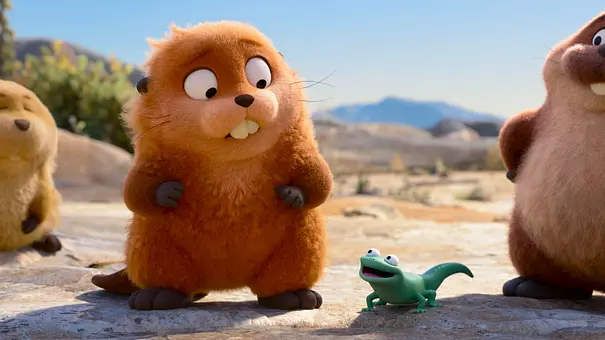 Mabel steht als Biber zusammen mit Loaf, König George und Tom Lizard an einer Klippe. - Foto: © 2026 Disney/Pixar. All Rights Reserved.