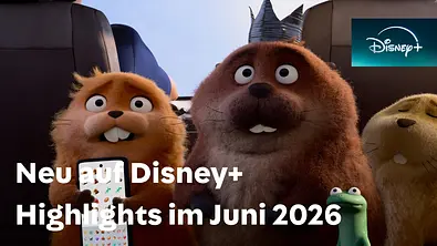 Hoppers erscheint auf Disney+. Mabel, König George, Tom Lizard und Loaf sind auf dem Rücksitzt eins Autos zu sehen, oben rechts das Disney+-Logo. - Foto: © 2026 Disney/Pixar. All Rights Reserved.