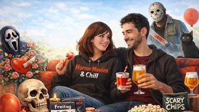 Ein Paar sitzt entspannt auf einer roten Couch in einem hellen, freundlichen Wohnzimmer. Die Frau trägt einen „Horror Movies & Chill“-Hoodie, hält einen blutigen Lutscher und ein rotes Getränk, während der Mann ein Craft Beer in der Hand hält. Auf dem Tisch davor liegen Horror-Snacks wie Popcorn, Gummifinger und DVDs. Im Hintergrund sind ikonische Horrorfiguren wie Jason Voorhees und Ghostface zu sehen, die Szene wirkt gemütlich, fröhlich und leicht gruselig zugleich. - Foto: TVMovie/ChaGPT