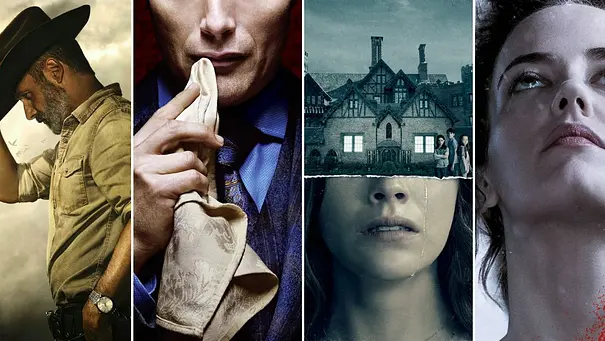 Horrorserien-Collage aus den offiziellen Covern (von links nach rechts): „The Walking Dead“, „Hannibal“, „Spuk in Hill House“ und „Penny Dreadful“ - Foto: Netflix