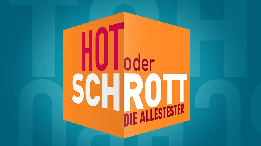 Hot oder Schrott Logo der TV-Sendung „Hot oder Schrott – Die Allestester“ auf einem orangefarbenen Würfel vor blauem Hintergrund.