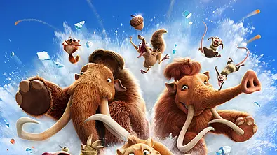 Manni, Diego, Sid, Ally, Buck, Crash, Eddie, Baby Scrat und Scrat fliegen aus einem Geysir.  - Foto: Disney