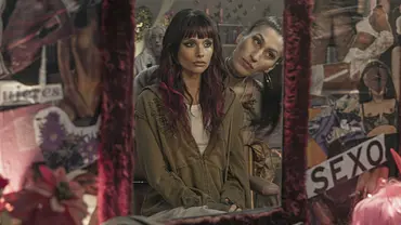 Marina Delorsi in der Netflix-Serie „Im Dreck“, gespiegelt vor einer Collage aus Bildern und Schriftzügen. - Foto: Netflix Marina Delorsi in der Netflix-Serie „Im Dreck“, gespiegelt vor einer Collage aus Bildern und Schriftzügen. - Foto: Netflix
