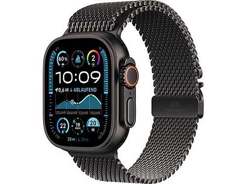 APPLE Watch Ultra 2 GPS + Cellular 49 mm Milanaise Armband Schwarz 2024 Smartwatch Titangehäuse, 155 - 185 mm, Titan / Schwarz