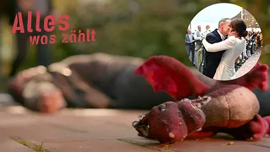 Eine Collage. Oben links sehen wir das AWZ-Logo, im Hintergrund liegt ein unbekannter man und vorne ist ein Kreis mit Gabriella und Kilian, die sich bei ihrer Hochzeit küssen. - Foto: Collage: RTL / TV Movie