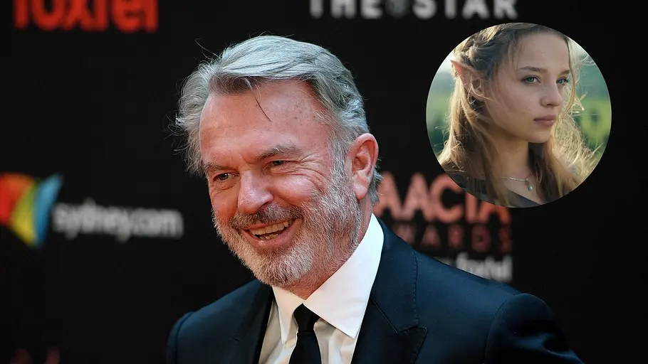 Eine Collage. Link sehen wir Sam Neill lächelnd auf dem Red Carpet, in einer Blase rechts neben ihn ist Zelda.