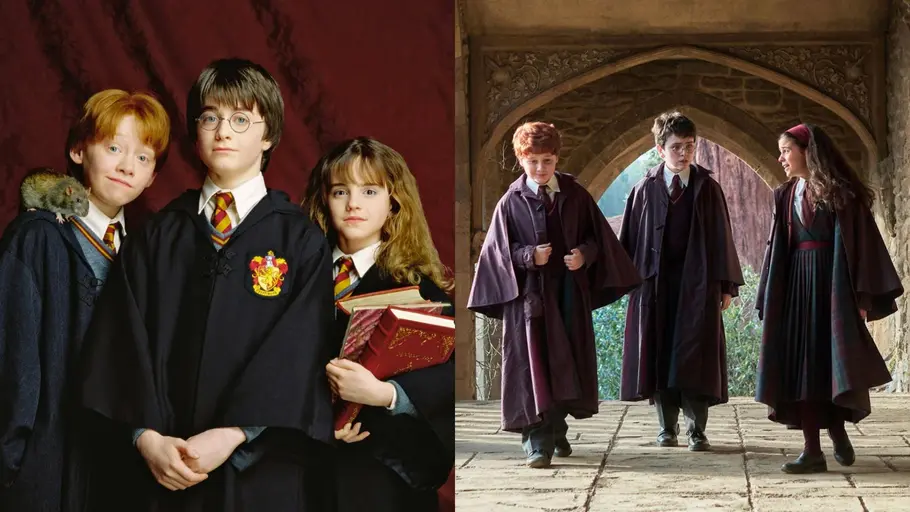 Links sehen wir Ron, Harry und Hermine aus den „Harry Potter“-Filmen und rechts das goldene Trio aus der Serie.