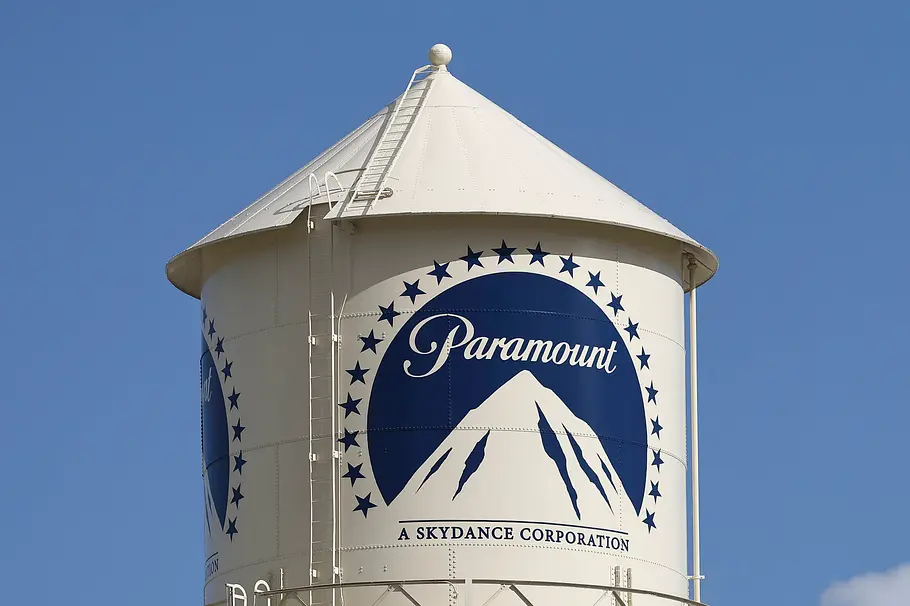 The Paramount Pictures logo is displayed on the water tower in Los Angeles The Paramount Pictures logo is displayed on the water tower in Los Angeles