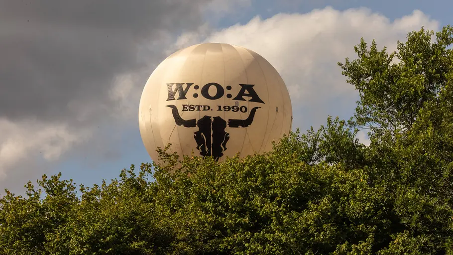 Der Wackenballon schwebt hinter Bäumen
