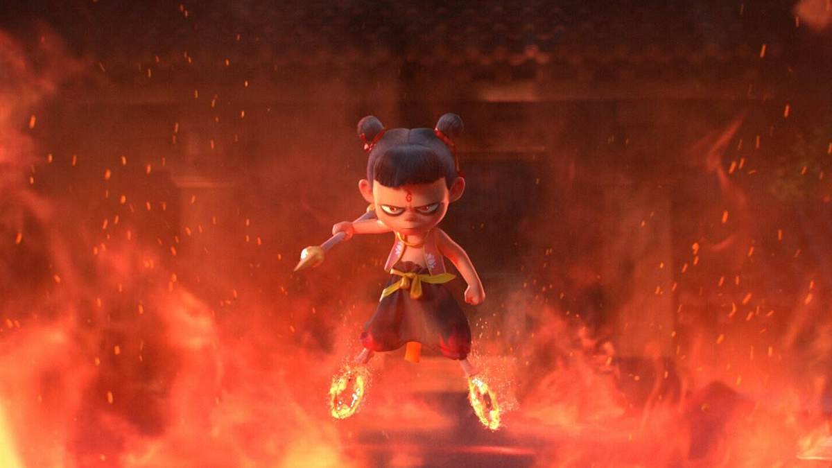 Ne Zha schwebt über und durch lodernde Flammen.