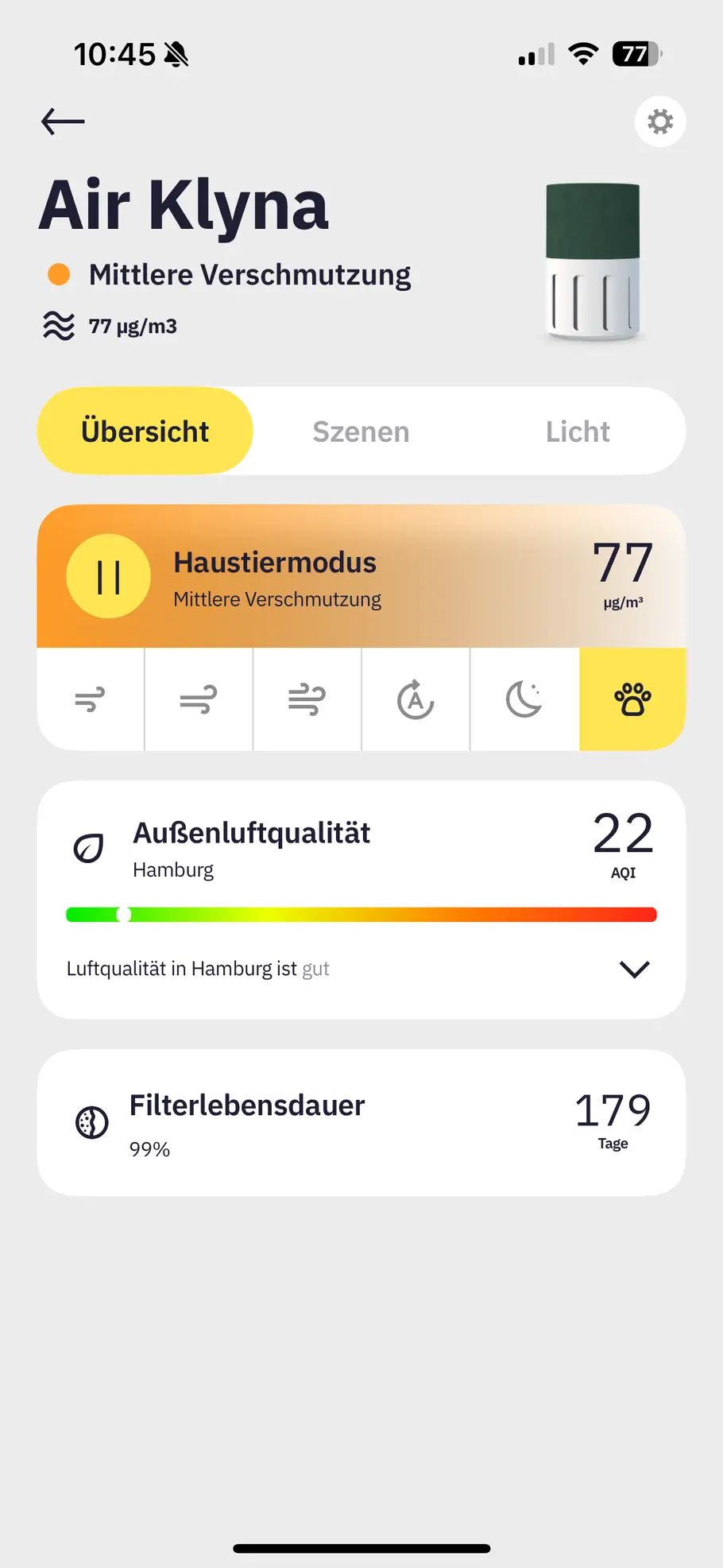 So sieht es für die App-Nutzer aus, wenn der Haustiermodus in Betrieb ist. Der Haustiermodus des Air Klyna S ist in der App-Ansicht im Betrieb.