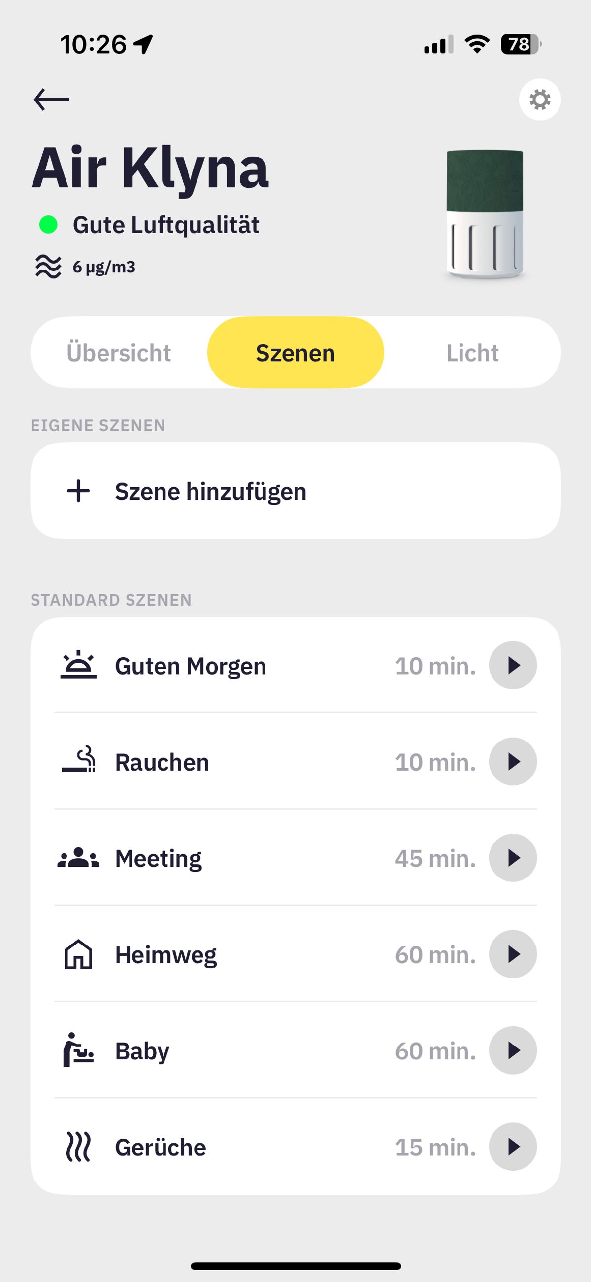 Die verschiedenen Szenen für den Air Klyna S in der App-Ansicht. 