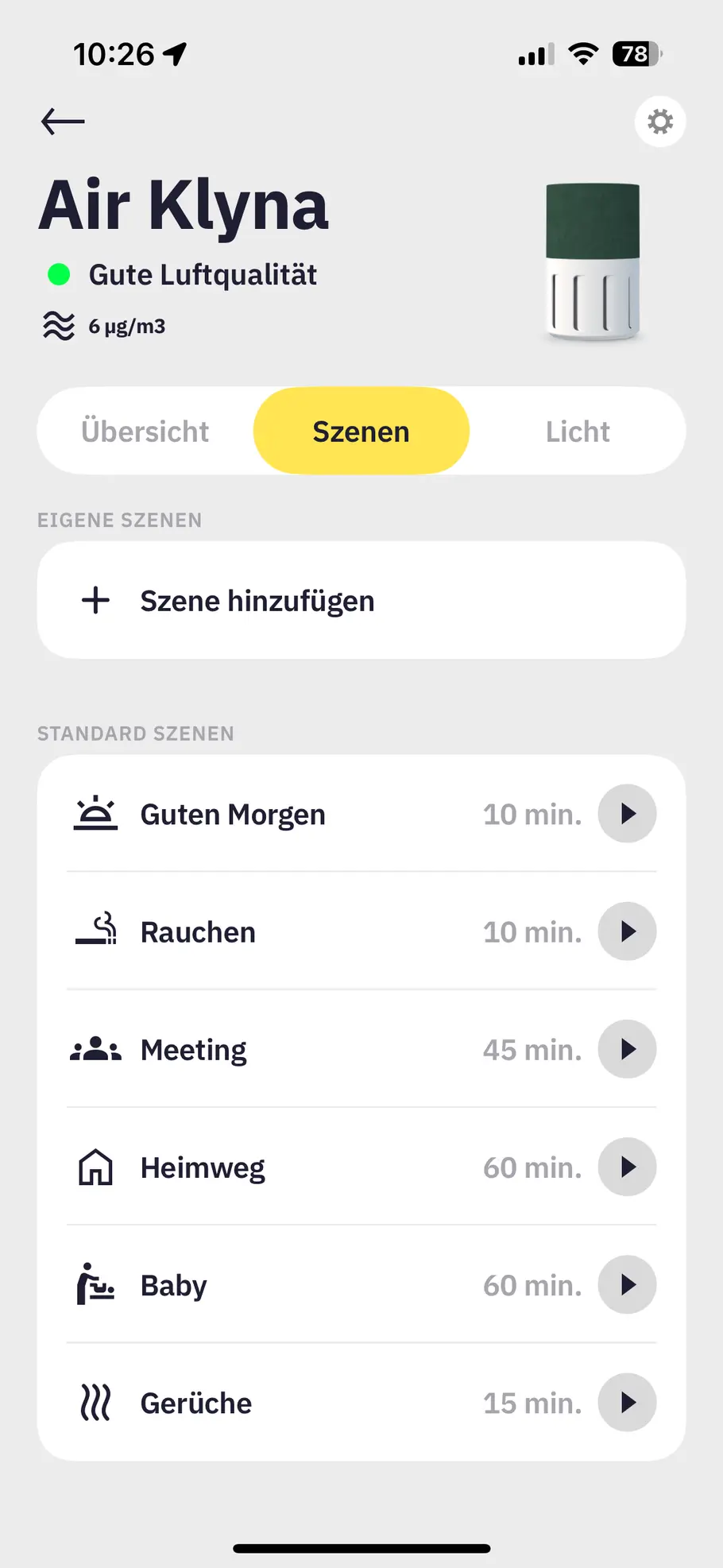 Diese Szenen stehen den Usern neben den verschiedenen Modi noch zur Verfügung. Die verschiedenen Szenen für den Air Klyna S in der App-Ansicht.