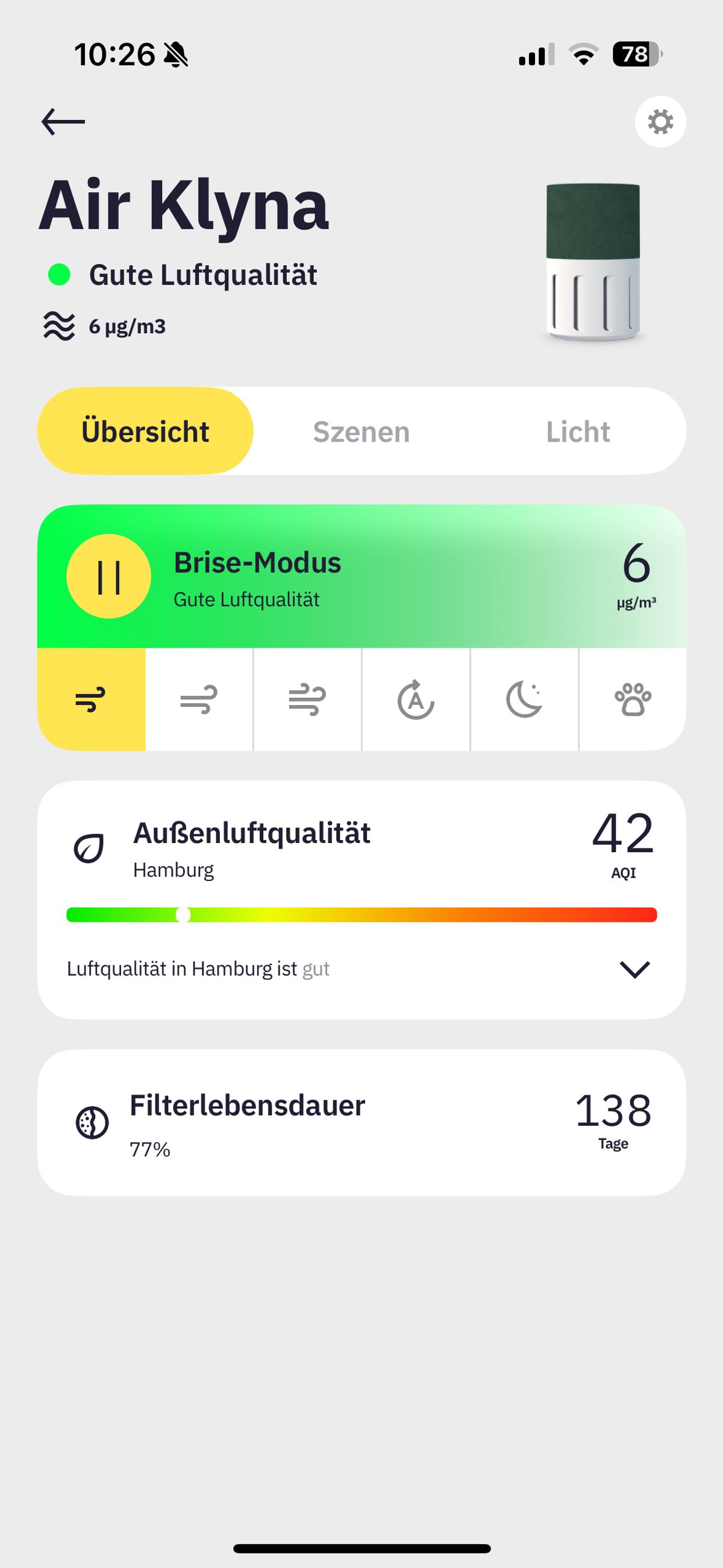 Hauptmenü der App des Klyqa Air Klyna S. 