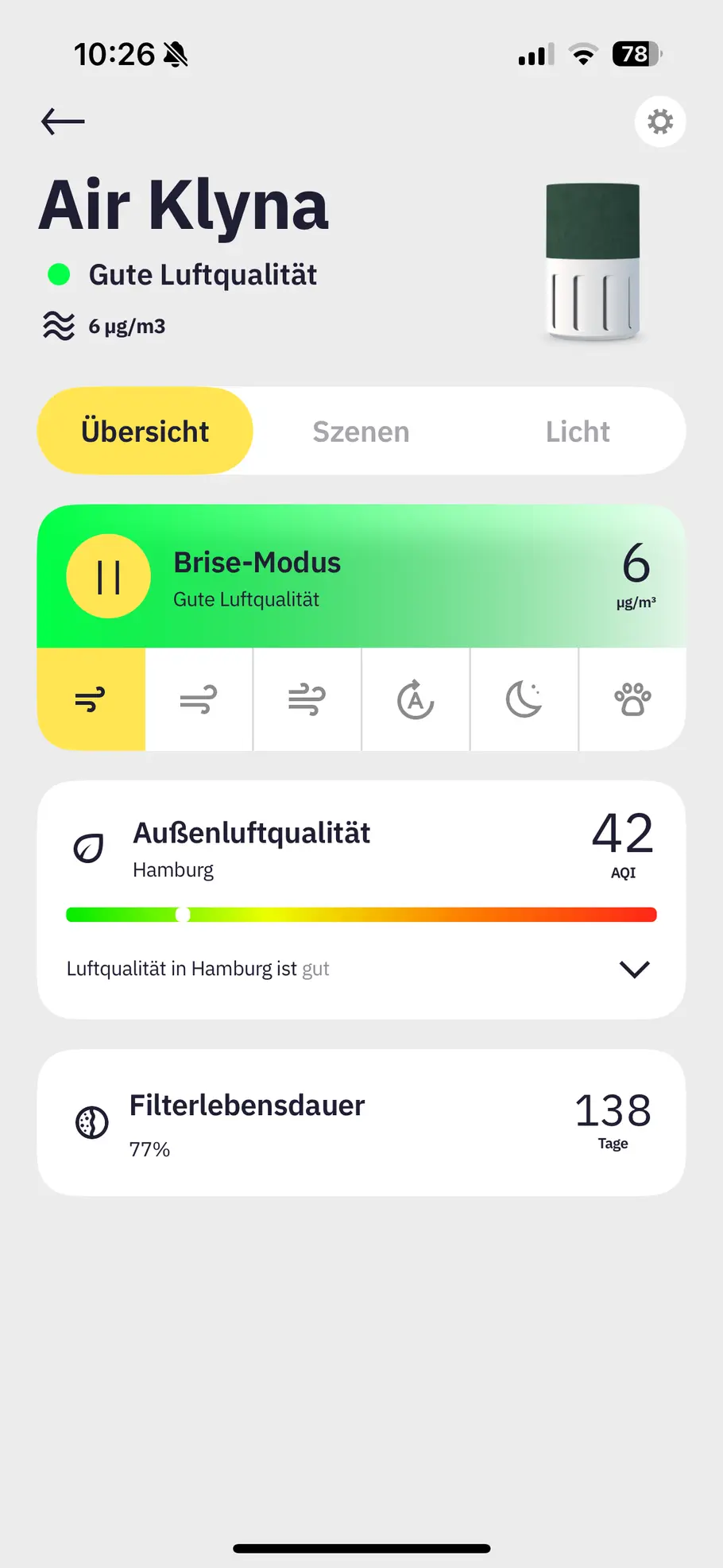 Das Hauptmenü der Klyqa App besticht durch sein übersichtliches Design. Hauptmenü der App des Klyqa Air Klyna S.