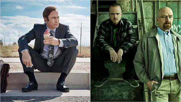 Jimmy McGill sitzt mit einem Eis am Bordstein. Daneben sitzt Jesse Pinkman auf einer Treppe, Walter White steht im Vordergrund. - Foto: TMDB Jimmy McGill sitzt mit einem Eis am Bordstein. Daneben sitzt Jesse Pinkman auf einer Treppe, Walter White steht im Vordergrund. - Foto: TMDB