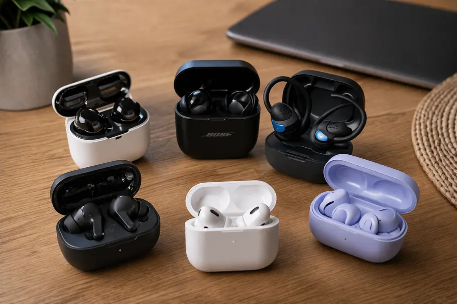 Mehrere kabellose In-Ear-Kopfhörer in geöffneten Ladecases stehen auf einem Holztisch. Im Hintergrund sind ein Laptop und eine Pflanze unscharf zu sehen.