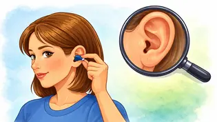 Illustration einer Person mit kurzem braunem Haar, die einen blauen In-Ear-Kopfhörer in ihr Ohr einsetzt. Daneben ist eine vergrößerte Darstellung eines Ohrs mit Gehörgang zu sehen. - Foto: TvMovie/ChatGPT