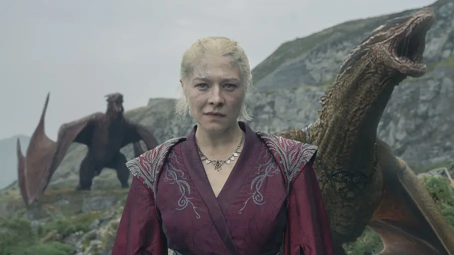 Rhaenyra Targaryen mit zwei Drachen.
