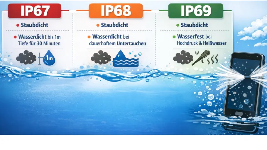 Infografik IP-Schutzklassen Infografik zeigt alle drei IP-Schutzklassen mit Definition und Symbolbildern, darunter ein Wasserbecken im Querschnitt mit einem nassen Smartphone