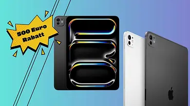 Ein iPad Pro vor farbigem Hintergrund und mit einem 500-Euro-Rabatt-Slogan - Foto: TVM/PR Ein iPad Pro vor farbigem Hintergrund und mit einem 500-Euro-Rabatt-Slogan - Foto: TVM/PR