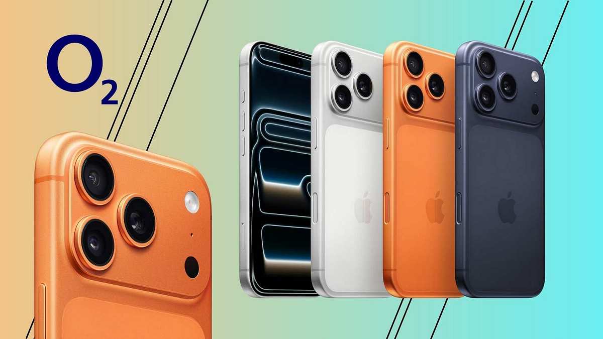 iPhone 17 Pro Max im Tarif-Angebot bei o2 Das iPhone 17 Pro Max in mehreren Farbe vor buntem Hintergrund und dem o2-Logo