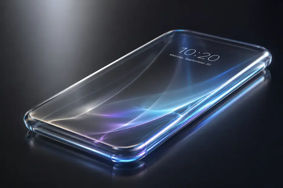 iphone 20 Abgebildet ist ein futuristisch gestaltetes iphone mit nahezu rahmenlosem Glasgehäuse auf dunklem Hintergrund.
