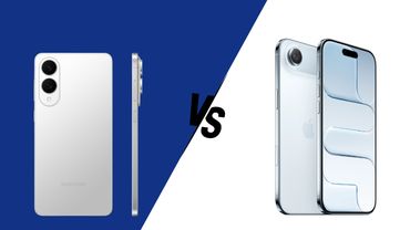 Das Samsung Galaxy S25 Edge auf blauem Hintergrund auf der linken Seite, das iPhone Air auf weißem Hintergrund auf der rechten Seite. - Foto: TVM/PR