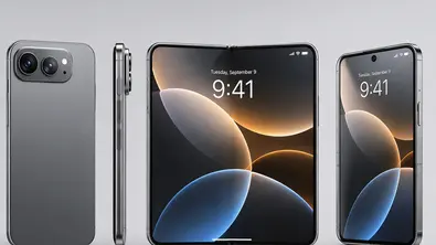 Darstellung eines modernen Smartphones in mehreren Ansichten: Rückseite mit Dual-Kamera, Seitenansicht, aufgeklapptes faltbares Display und Frontansicht. Das geöffnete Gerät zeigt ein großes Display mit abstraktem Hintergrund und Uhrzeitanzeige. - Foto: tvmovie/ mi KI erstellt
